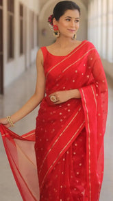 Chilly Red Zari Weaved Floral Butta Kora Organza Saree